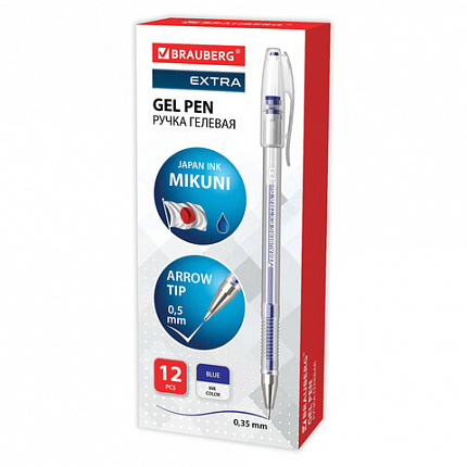 Ручка гелевая BRAUBERG "EXTRA", СИНЯЯ, корпус прозрачный, узел 0,5 мм, линия 0,35 мм, 143902