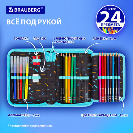 Пенал BRAUBERG с наполнением, 1 отделение, 1 откидная планка, 24 предмета, 21х14 см, "Play sleep repeat", 272353