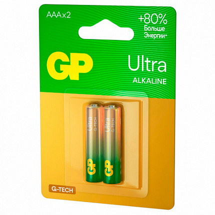 Батарейки КОМПЛЕКТ 2 шт., GP Ultra G-Tech, AAA (LR03, 24А), алкалиновые, мизинчиковые, 24AUA21-2CRSBC2