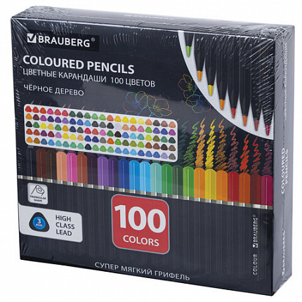 Карандаши цветные чёрное дерево BRAUBERG BLACK WOOD, 100 цветов, мягкий грифель 3 мм, 182045