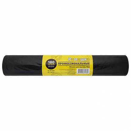 Мешки для мусора 180 л, черные, в рулоне 25 шт., ПВД 30 мкм, 90x110 см, РОМАШКА "ПРОФИ", ВР-0082