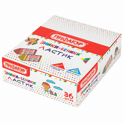 Ластик трехгранный ПИФАГОР "ЭНИКИ-БЕНИКИ", 35х18х18 мм, картонный держатель, цвета ассорти, 272668