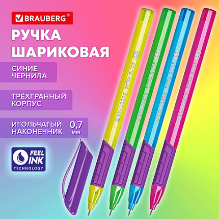 Ручка шариковая масляная с грипом BRAUBERG "Extra Glide GT Color", СИНЯЯ, трехгранная, игольчатый наконечник 0,7 мм, линия 0,5 мм, 144264
