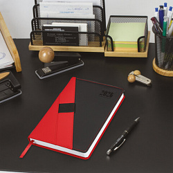 Ежедневник датированный 2026, А5, 138х213 мм, BRAUBERG "Swirl", под кожу, держатель для ручки, красный, 117481