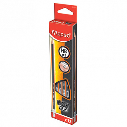 Карандаши чернографитные MAPED (Франция), НАБОР 12 шт., "Black Pep's", HB, трехгранные, с резинкой, 851721