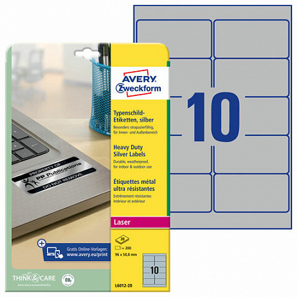 Этикетка самоклеящаяся 96x50,8 мм, 10 этикеток, полиэстер, серебро, 20 листов, Avery Zweckform, L6012-20