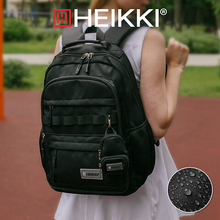 Рюкзак HEIKKI FUSION (ХЕЙКИ) универсальный, 2 отделения, отделение для ноутбука, c КОШЕЛЬКОМ, черный, 44х31х14 см, 273866