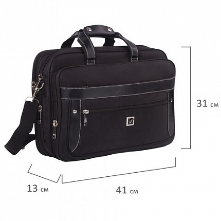 Сумка портфель BRAUBERG CARBON с отделением для ноутбука 15-16", 2 отделения, черная, 31х41х13 см, 240509