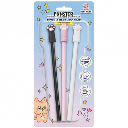Ручки с топпером шариковые FUNSTER "CAT PAWS", НАБОР 3 ШТУКИ, СИНИЕ, пишущий узел 0,7 мм, линия письма 0,35 мм, 144375