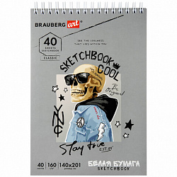Скетчбук, белая бумага 160 г/м2, 140х201 мм, 40 л., гребень, жесткая подложка, BRAUBERG ART CLASSIC, ассорти, 115071