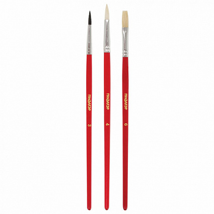 Кисти ПИФАГОР, набор 3 шт. (БЕЛКА: круглая № 3; КОЗА: круглая № 4; ЩЕТИНА: плоская № 6), пакет с европодвесом, 200229