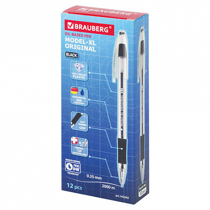 Ручка шариковая масляная с грипом BRAUBERG "Model-XL" ORIGINAL, ЧЕРНАЯ, узел 0,7 мм, линия письма 0,35 мм, 143243