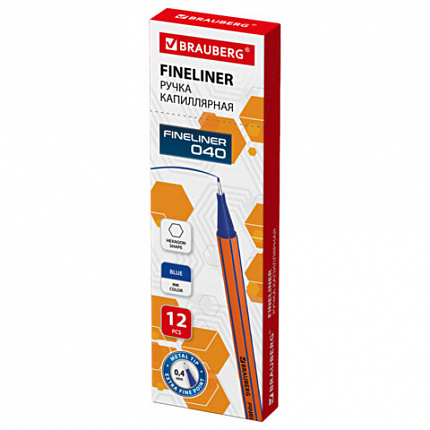 Ручка капиллярная (линер) СИНЯЯ, BRAUBERG FINE 040, металлический наконечник, шестигранная, линия письма 0,4 мм, 144140