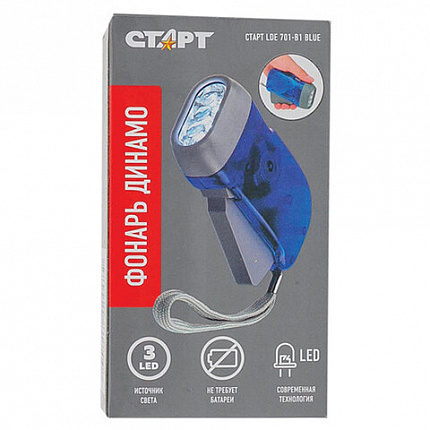 Динамо-фонарь аккумуляторный СТАРТ 3хLED, заряд от движения рычагом, LDE 701-B1, 12251