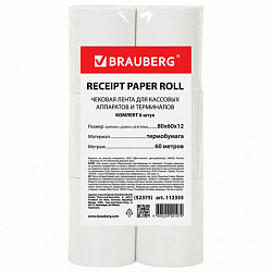 Чековая лента ТЕРМОБУМАГА 80 мм (диаметр 62 мм, длина 60 м, втулка 12 мм) КОМПЛЕКТ 6 шт., BRAUBERG, 112355, 52375