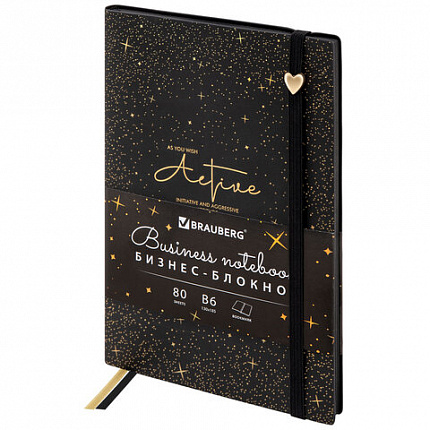 Блокнот B6 130x184мм BRAUBERG "Stellar", под кожу, 80 листов, фольга, резинка, клетка, черный, 118652