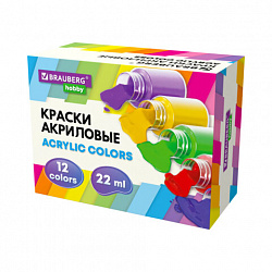 Краски акриловые художественные 12 цветов в банках по 22 мл, BRAUBERG HOBBY, 192410