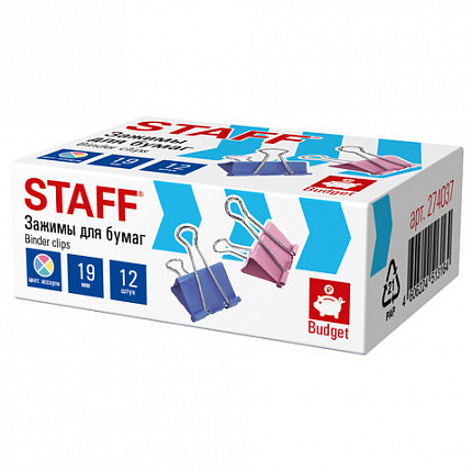 Зажимы для бумаг STAFF ECO, КОМПЛЕКТ 12 шт, 19 мм, на 60 листов, цветные, картонная коробка, 274037