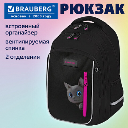 Рюкзак BRAUBERG INTENT, 2 отделения, 4 кармана, "Любопытный кот", 39х27х14 см, 274396