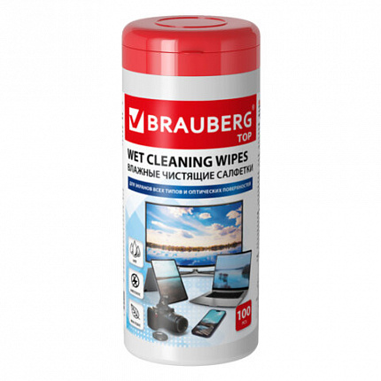 Салфетки для экранов всех типов и оптики BRAUBERG ТОП, 13х17см, туба 100 шт, влажные, 513812