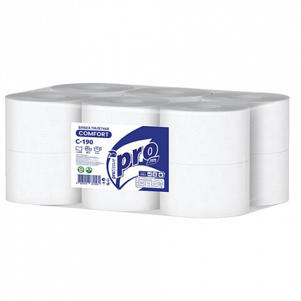 Бумага туалетная 200 метров, PROtissue (T2) COMFORT, 1-слойная, белая, КОМПЛЕКТ 12 рулонов, С190