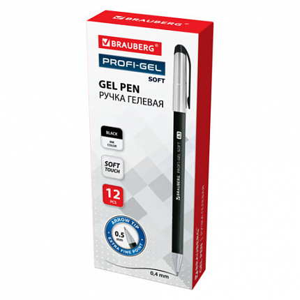 Ручка гелевая BRAUBERG Profi-Gel SOFT, ЧЕРНАЯ, прорезиненный корпус, линия 0,4мм, 144129