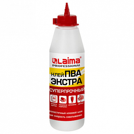 Клей ПВА Экстра Суперпрочный 0,5 кг (керамика, ткань, кожа, дерево, бумага, картон), LAIMA, 606430