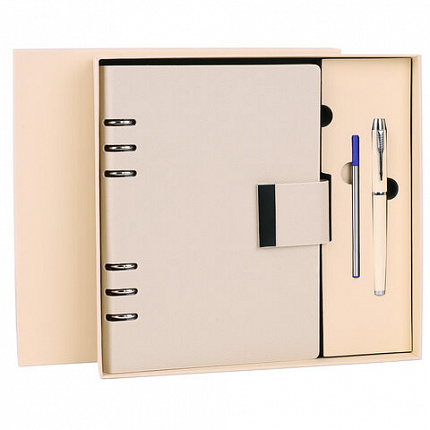 Ежедневник на кольцах в наборе с ручкой А5 165x229мм BRAUBERG "Lux", под кожу, 100 листов, бежевый, 116859