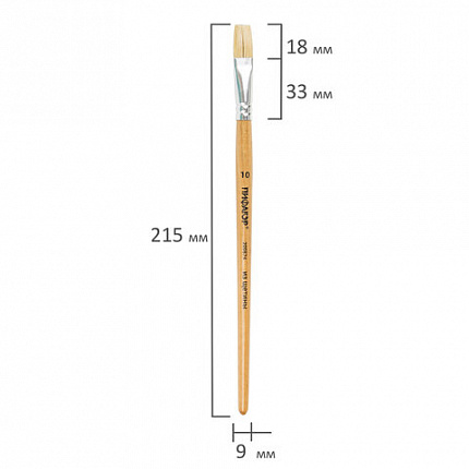 Кисть ПИФАГОР, ЩЕТИНА, плоская, № 10, деревянная лакированная ручка, пакет с подвесом, 200874