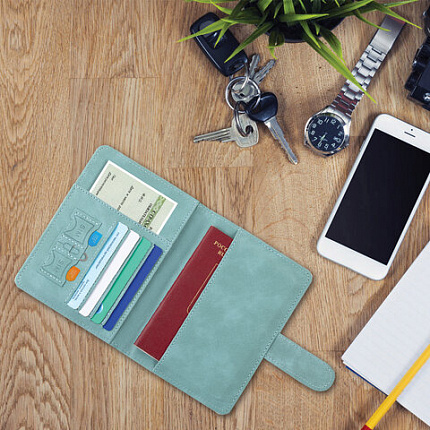 Обложка для паспорта и документов с защитой от считывания, 9 карманов, магнит, экокожа, бирюзовая, BRAUBERG, 238754