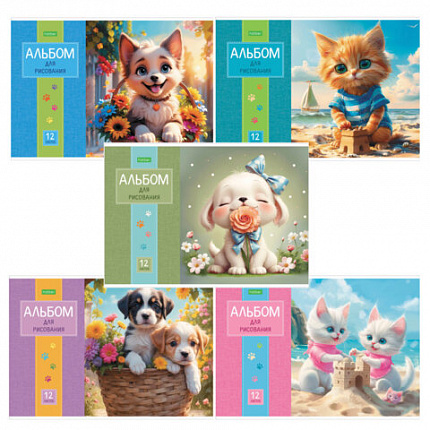 Альбом для рисования А4 12 л., скоба, обложка офсет, HATBER ECO, 205х290 мм, "Пушистые мордочки" (5 видов), 091561, 12А4C
