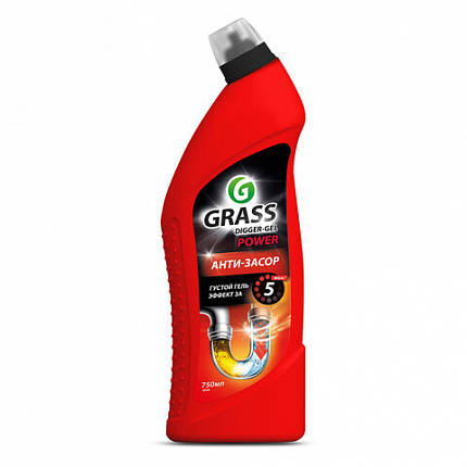Средство для прочистки канализационных труб 750 мл GRASS DIGGER-GEL POWER, гель, щелочное, 125181