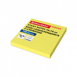 Блок самоклеящийся (стикеры) Z-сложения, BRAUBERG ZigZag, 76х76 мм, 100 л., желтый, для диспенсера, 116681