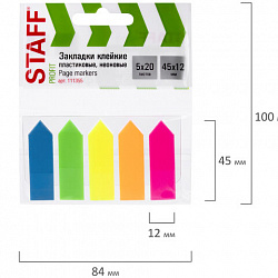 Закладки клейкие неоновые STAFF "СТРЕЛКИ", 45х12 мм, 100 штук (5 цветов х 20 листов), на пластиковом основании, 111355