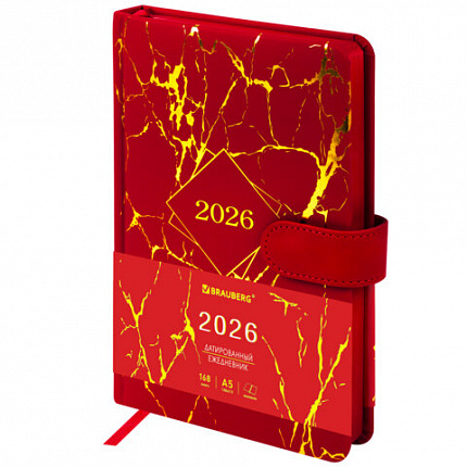 Ежедневник датированный 2026 А5 138x213 мм, BRAUBERG "Goldy", под кожу, цветной срез, красный, 117471