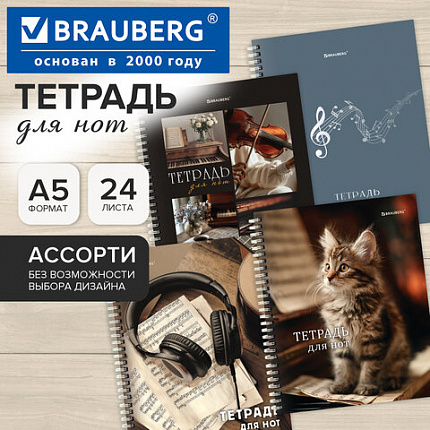 Тетрадь для нот А5, 24 л., обложка мелованный картон, на гребне, BRAUBERG, МИКС1, 405738