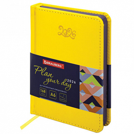 Ежедневник датированный 2026, МАЛЫЙ ФОРМАТ 100х150 мм, А6, BRAUBERG "Rainbow", под кожу, желтый, 117258