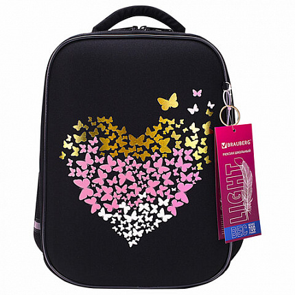 Ранец BRAUBERG LIGHT, 1 отделение, с брелком, "Shining heart", фольгированная печать, 36х26х13 см, 272029