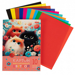 Картон цветной А4, МЕЛОВАННЫЙ, 10 листов, 10 цветов, в папке, HATBER, 195х280 мм, "Пушистые лапки", 094882, 10Кц4_35860