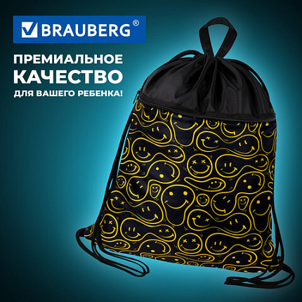 Мешок для обуви BRAUBERG БОЛЬШОЙ, с ручкой, карман на молнии, сетка, 49х41 см, "Smiles", 272403