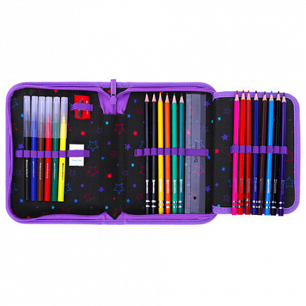 Пенал BRAUBERG с наполнением, 1 отделение, 1 откидная планка, 24 предмета, 21х14 см, "Radiant unicorn", 273532