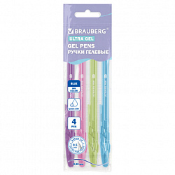 Ручки гелевые "BRAUBERG ULTRA GEL PASTEL", СИНИЕ, НАБОР 4 ШТУКИ, стандартный наконечник 0,5 мм, линия письма 0,35 мм, 144282