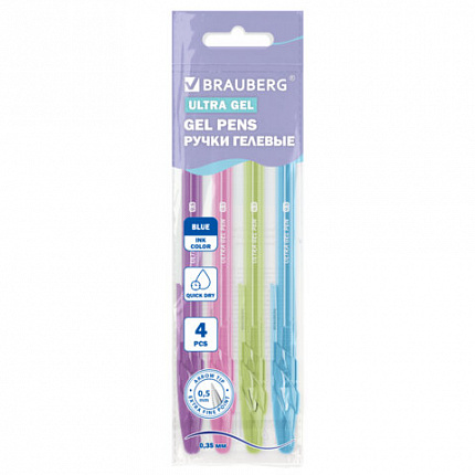 Ручки гелевые "BRAUBERG ULTRA GEL PASTEL", СИНИЕ, НАБОР 4 ШТУКИ, стандартный наконечник 0,5 мм, линия письма 0,35 мм, 144282