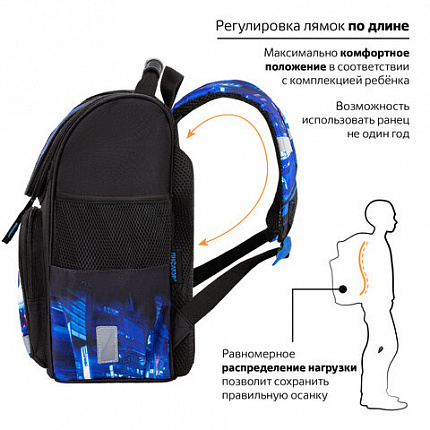 Ранец ПИФАГОР BASIC, 1 отделение, 3 кармана, эргономичная спинка, "Speed rusher", 35х28х18 см, 273141