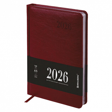 Ежедневник датированный 2026, А5, 138х213 мм, BRAUBERG "Impression", под кожу, бордовый, 117512