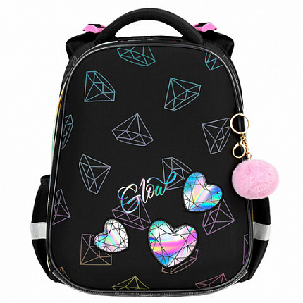 Ранец BRAUBERG LUMINOUS, 2 отделения, с брелком, "Diamonds", СВЕТЯЩИЙСЯ РИСУНОК, 38х29х16 см, 272070
