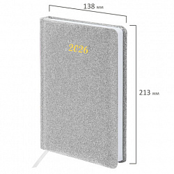 Ежедневник датированный 2026, А5, 138x213 мм, BRAUBERG "Sparkle", под кожу, блестки, серебристый, 117440