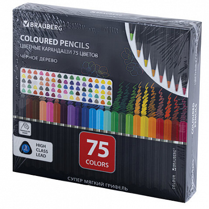 Карандаши цветные чёрное дерево BRAUBERG BLACK WOOD, 75 цветов, мягкий грифель 3 мм, 182044