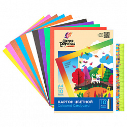 Картон цветной А4 немелованный, 10 л., 10 цветов, в папке, ЛУЧ "Школа творчества", 210х297 мм, 30С 1796-08
