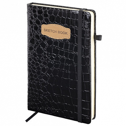 Скетчбук, слоновая кость 140 г/м2, 130х210 мм, 80 л., КОЖЗАМ, резинка, BRAUBERG ART CLASSIC, CROCO, черный, 116470